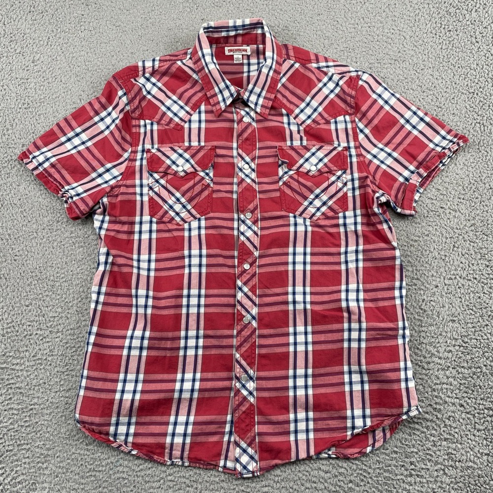 True Religion Shirt Mens Large Red Plaid Western Snap Button Horseshoe Pockets